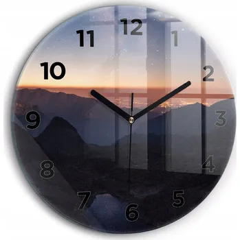 Hodiny Skleněné nástěnné hodiny do obýváku s motivem hor při západu slunce, průměr 60 cm