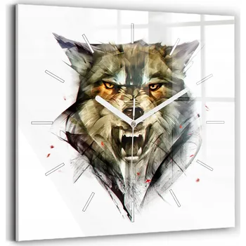 Hodiny Nástěnné hodiny z tvrzeného skla s motivem kresleného portrétu vlka