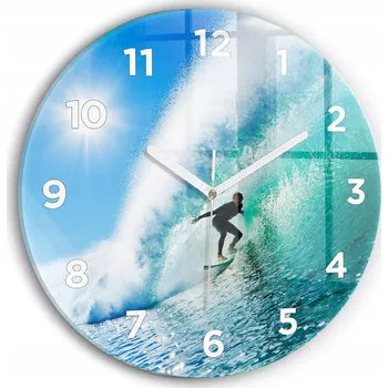 Hodiny Moderní skleněné nástěnné hodiny Surfing na Havaji kulatý průměr 30 cm