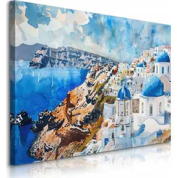 Obraz OBRAZY CANVAS DO OBÝVACÍHO POKOJE KRAJINA SANTORINI ŘECKO AKVARELY MOŘE 90x60