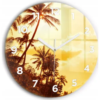 Hodiny Moderní skleněné hodiny s grafikou na zeď Slunečné palmy kulatý průměr 30 cm
