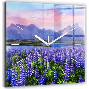 Hodiny Skleněné hodiny s tichým mechanismem Loft nástěnné - Výhled na hory, Island, 30x30 cm
