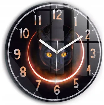 Hodiny Moderní skleněné hodiny s grafikou na zeď Magická kočka XXL kulatý průměr 60 cm