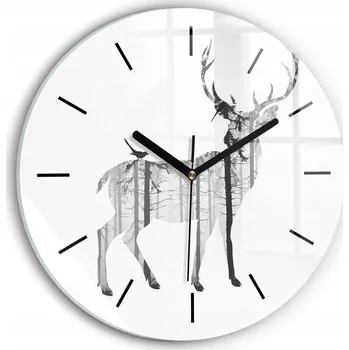 Hodiny Moderní skleněné nástěnné hodiny s potiskem Silueta jelena Les průměr 30 cm