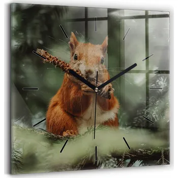 Hodiny Skleněné hodiny s tichým mechanismem, nástěnné, motiv veverky a divoké přírody, 30x30 cm