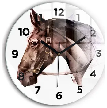 Hodiny Kulatý Skleněné Foto Hodiny na Zeď do Kanceláře Malovaný profil koně průměr 60 cm