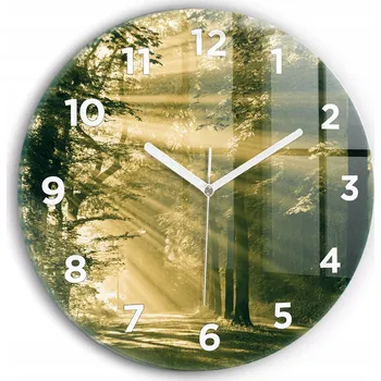Hodiny Moderní skleněné hodiny s grafikou na zeď Sluneční paprsky Les fi30 cm