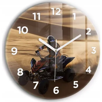 Hodiny Kulatý Skleněné Nástěnné Hodiny do Obýváku s Grafikou Čtyřkolky v poušti průměr 30 cm