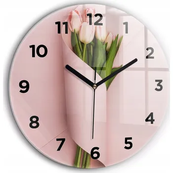 Hodiny Skleněné nástěnné hodiny do obýváku s grafikou Kytice tulipánů průměr 60 cm