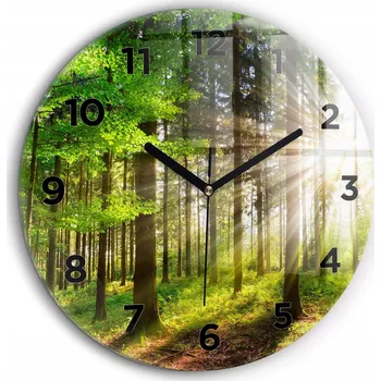 Hodiny Moderní skleněné hodiny s grafikou na zeď Les východ slunce průměr 60 cm