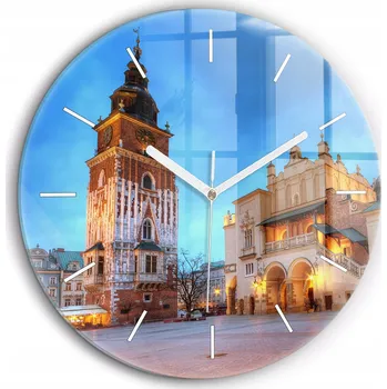 Hodiny Nástěnné čtvercové skleněné hodiny s grafikou Hlavního náměstí v Krakově fi60 cm