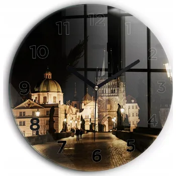 Hodiny Skleněné nástěnné hodiny Karlův most v Praze černé ručičky kulatý průměr 60 cm