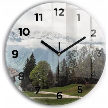 Hodiny Moderní skleněné nástěnné hodiny s potiskem Výhled na hory kulatý průměr 30 cm