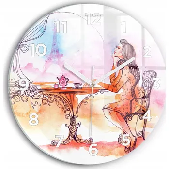 Hodiny Moderní skleněné nástěnné hodiny s potiskem Žena pijící čaj průměr 30 cm