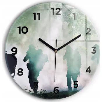 Hodiny Moderní skleněné hodiny s grafikou na zeď Vojsko v lese vojáci pr. 30 cm