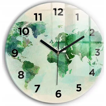 Hodiny Moderní skleněné nástěnné hodiny s potiskem Akvarelová mapa světa průměr 30 cm
