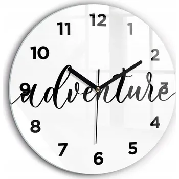Hodiny Skleněné foto hodiny na zeď Nápis Adventure kulatý černé ručičky průměr 60 cm