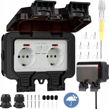 Elektrická zásuvka Dvojitá vodotěsná zásuvka šedá IP66 s uzemněním