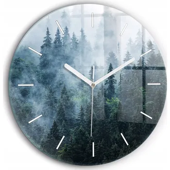 Hodiny Skleněné nástěnné hodiny do kanceláře s motivem mlhavé horské krajiny fi60 cm