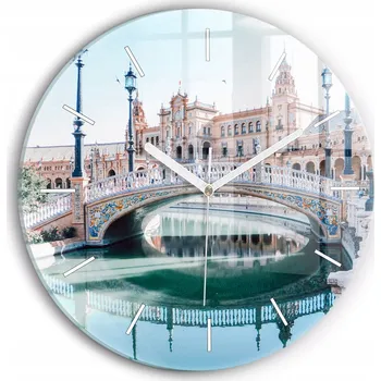 Hodiny Skleněné foto hodiny na zeď Španělské náměstí v Seville kulatý průměr 30 cm