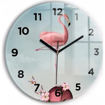 Hodiny Skleněné nástěnné hodiny do obýváku S Potiskem Surrealistický plameňák průměr 30 cm