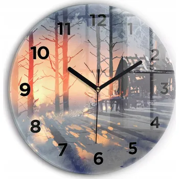 Hodiny Skleněné nástěnné hodiny do moderního interiéru Zimní krajina stromů průměr 30 cm