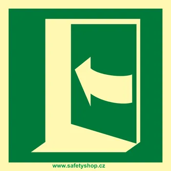 Značení DVEŘE SE OTEVÍRAJÍ TLAČENÍM NA LEVÉ STRANĚ ISO 7010- fotoluminiscenční fotoluminscenční samolepka 100 x 100 mm
