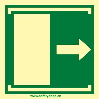 Značení OTEVÍRÁNÍ DVEŘÍ POSUVEM VPRAVO ISO 7010 - fotoluminiscenční fotoluminscenční samolepka 100 x 100 mm