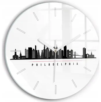 Hodiny Moderní skleněné hodiny s grafikou na zeď Ilustrace Philadelphia průměr 30 cm