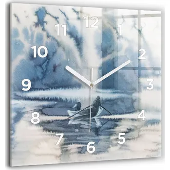 Hodiny Velké skleněné hodiny s tichým mechanismem, nástěnné, motiv Loft – Zimní jezero a loďka, 60x60 cm