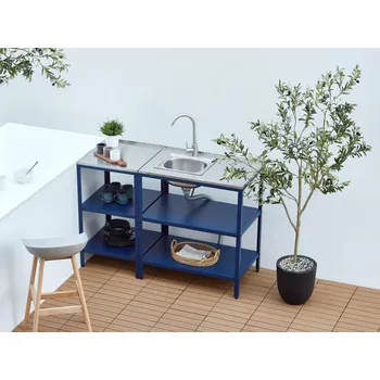 Kuchyňská linka Venkovní kuchyňský ostrůvek s dřezem modrý nerezová ocel 80 x 50 x 92 cm páková baterie 2 police pracovní plocha zahradní kuchyně a jídelna Beliani