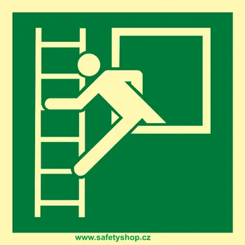 Značení NOUZOVÉ OKNO S ÚNIKOVÝM ŽEBŘÍKEM ISO 7010 - fotoluminiscenční fotoluminscenční samolepka 100 x 100 mm