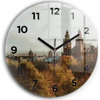 Hodiny Skleněné nástěnné hodiny do kanceláře s grafikou Galerie umění v Glasgow, průměr 30 cm