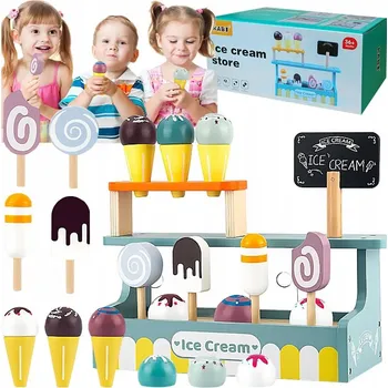 Dětská kuchyňka Dřevěná zmrzlinárna click4toys, vícebarevná, s příslušenstvím pro děti 3+