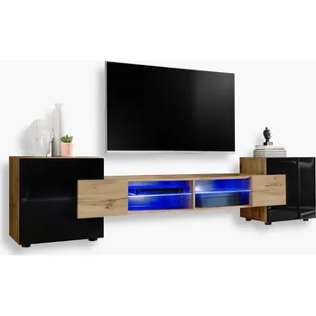 Televizní stolek Komodee TV stolek Merano, lesklá čela, skleněné police, modré LED osvětlení