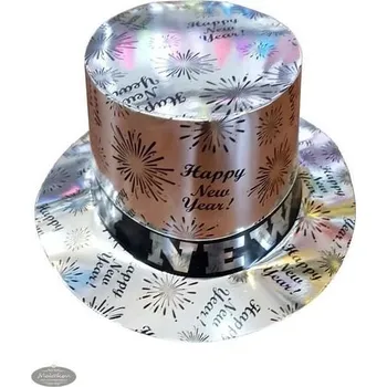 Klobouk FUNNYFASHN Klobouk - cylindr stříbrný HAPPY NEW YEAR - Silvestr