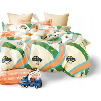 Povlečení Povlečení pro děti 160x200, krémově zelená, oranžová, roztomilá autíčka