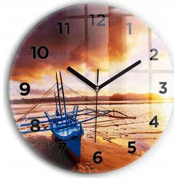 Hodiny Moderní skleněné foto hodiny na zeď Loďka a západ slunce kulatý průměr 30 cm