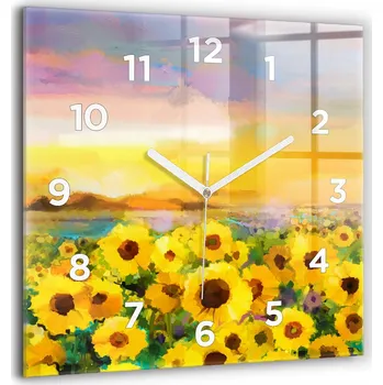 Hodiny Čtvercové Skleněné Hodiny Minimalistické Nástěnné Slunečnicové Pole 60x60 cm