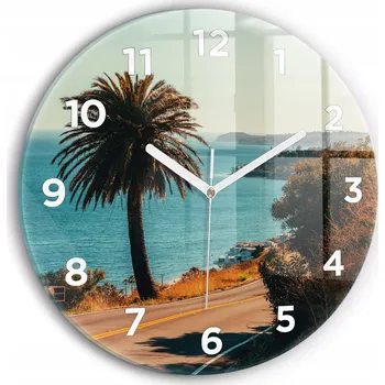 Hodiny Moderní skleněné foto hodiny na zeď Palmy v Malibu kulatý průměr 30 cm