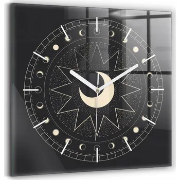 Hodiny Čtvercové Skleněné Nástěnné Hodiny do Obýváku s Grafikou Fází Měsíce 30x30 cm