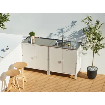 Kuchyňská linka Venkovní kuchyňská linka bílá nerezová ocel 2dveřová kuchyňská linka s dřezem pákovou baterií a pracovní plochou zahradní kuchyně jídelna Beliani