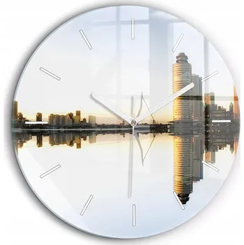 Hodiny Skleněné foto hodiny na zeď Město u řeky bílé ručičky kulatý průměr 60 cm