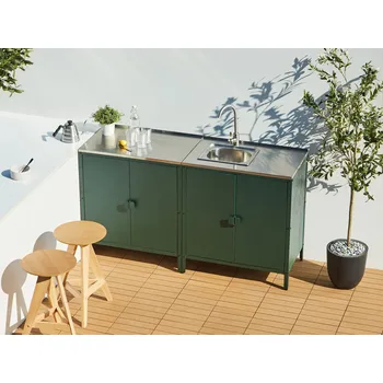 Kuchyňská linka Venkovní kuchyňská linka zelená nerezová ocel 2dveřová kuchyňská linka s dřezem pákovou baterií a pracovní plochou zahradní kuchyně jídelna Beliani
