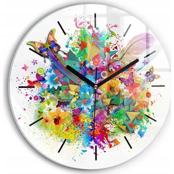 Hodiny Nástěnné Kulatý Skleněné Hodiny do Kanceláře Květinová harmonie s motýly průměr 30 cm