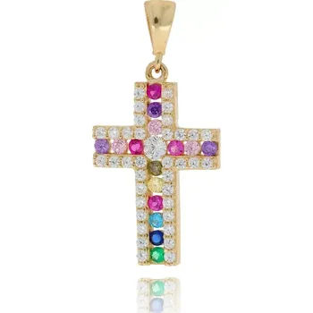 Přívěsek Zlatý křížek s čirými a barevnými zirkony