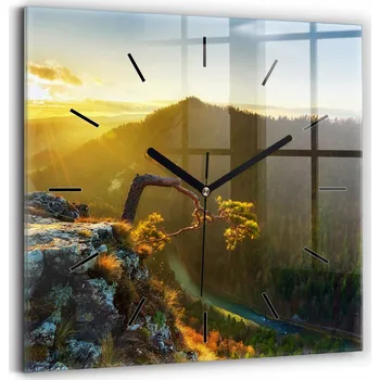 Hodiny Čtvercové Skleněné Nástěnné Hodiny do Kanceláře Západ slunce nad horami 30x30 cm