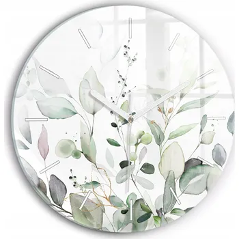 Hodiny Moderní skleněné nástěnné hodiny s potiskem Rostliny listy kulatý průměr 30 cm
