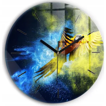 Hodiny Moderní skleněné nástěnné hodiny s grafikou Barevný papoušek kulatý průměr 30 cm