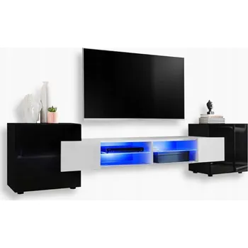 Televizní stolek Komodee TV stolek Merano, lesklá čela, skleněné police, modré LED osvětlení